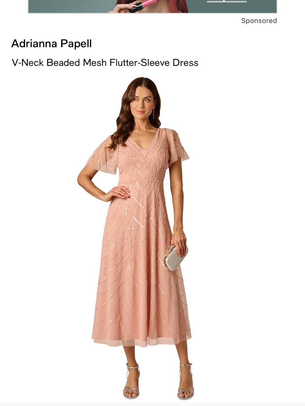 Adrianna Papell Beaded V-Neck Midi Dress in Blush